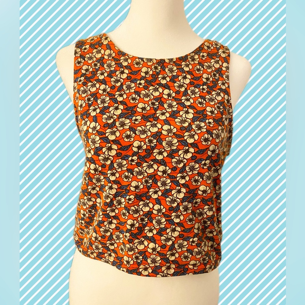 Retro orange and blue floral crop tank top Sz L